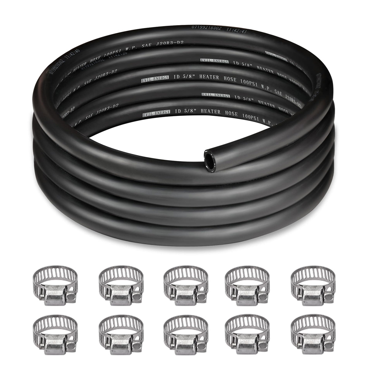 EVIL ENERGY front view of 10ft heater hose showing full coiled length and clamps