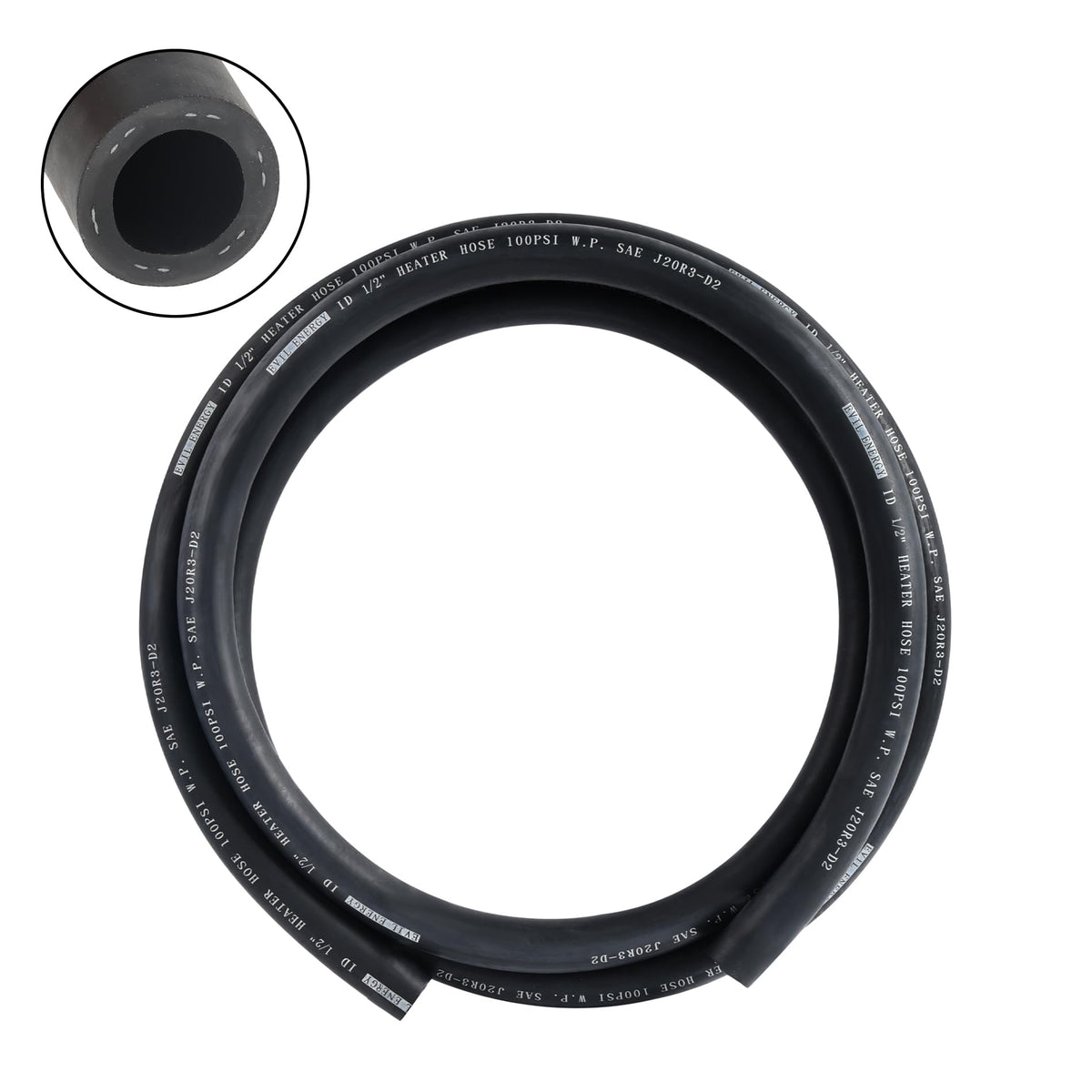 EVIL ENERGY front view of 5ft heater hose showing label and length benefit