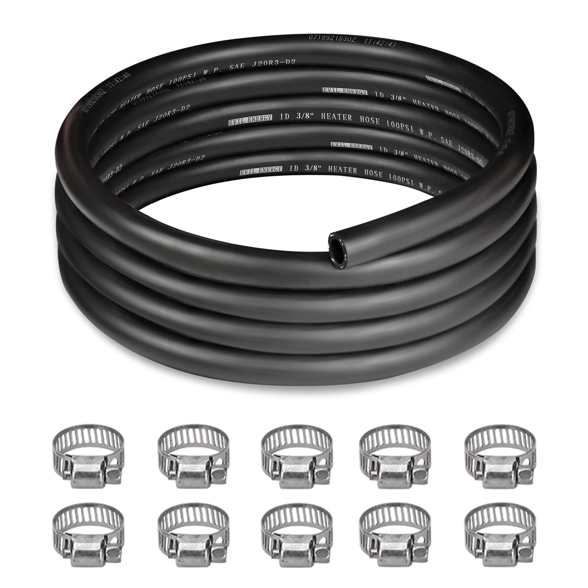 EVIL ENERGY hose coil front view showing full 10ft length and tidy packaging benefit