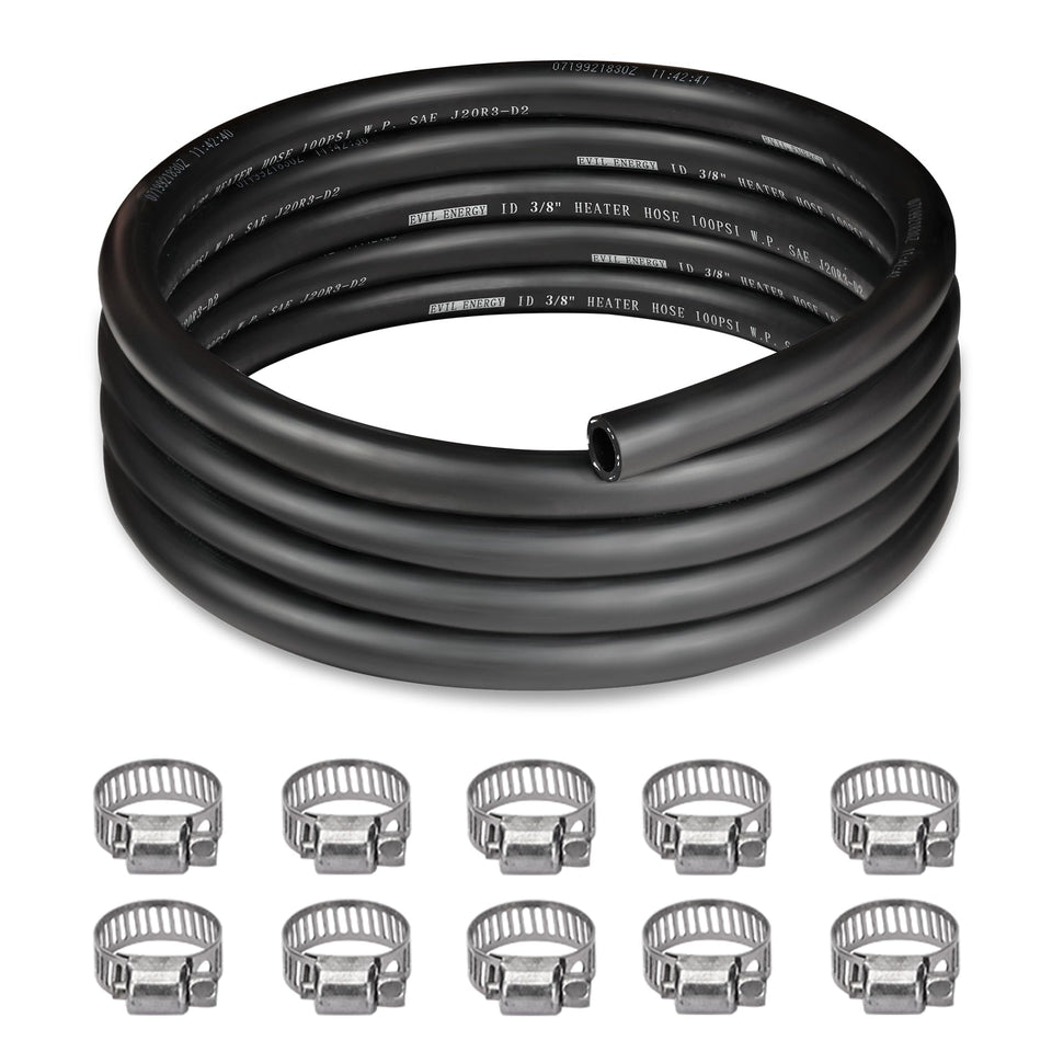 EVIL ENERGY hose coil front view showing full 10ft length and tidy packaging benefit