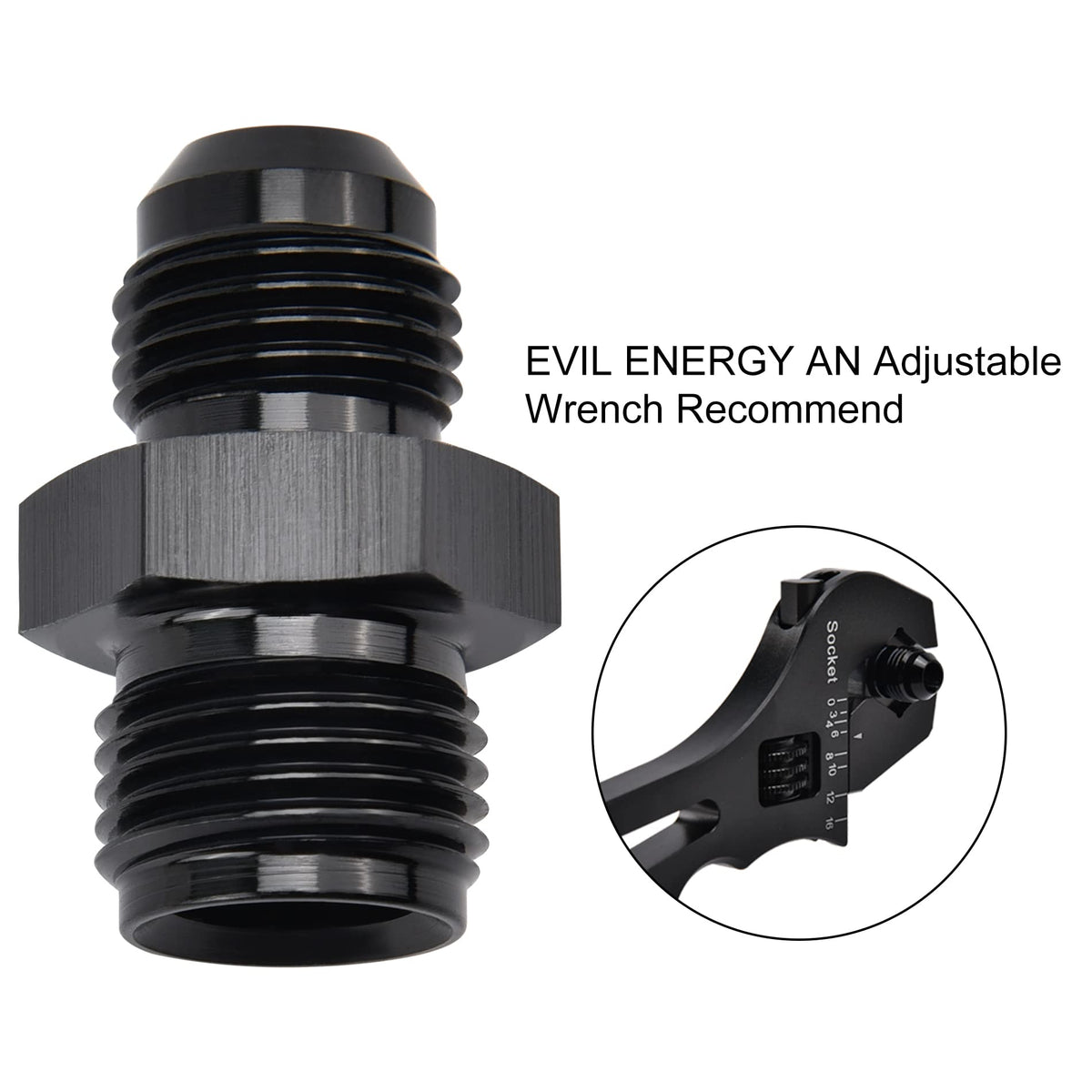 EVIL ENERGY adapter installed in a fuel line demonstrating secure connection and leak-free performance