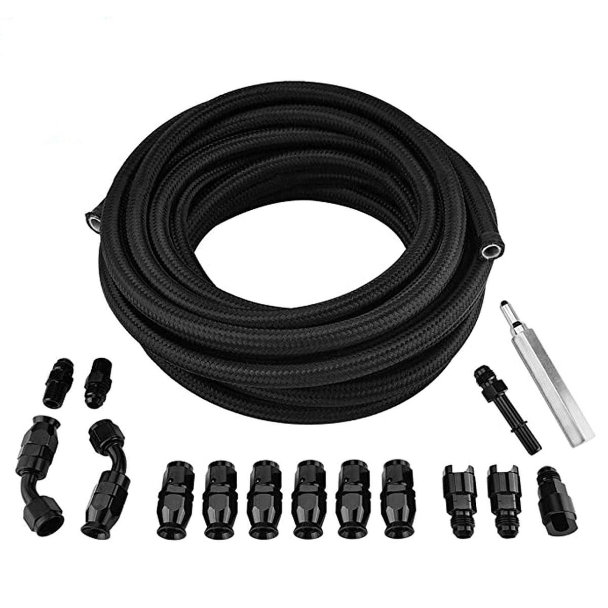 EVIL ENERGY front view of complete AN-6 fuel line kit showing components and benefits