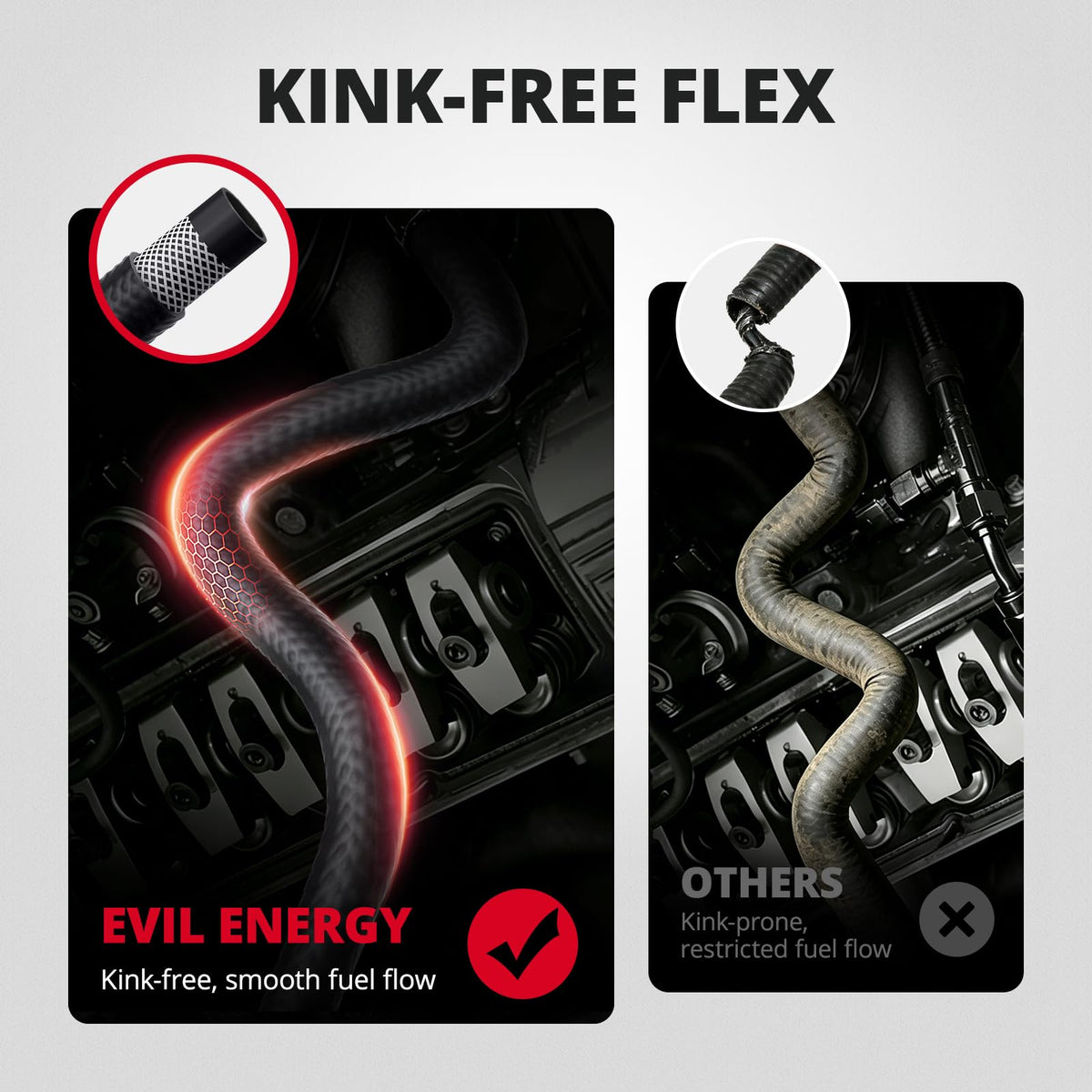 EVIL ENERGY hose next to ruler showing accurate 5-foot length