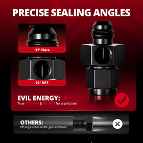 EVIL ENERGY detail of 1/8" NPT port ready for gauge with recommended sealing