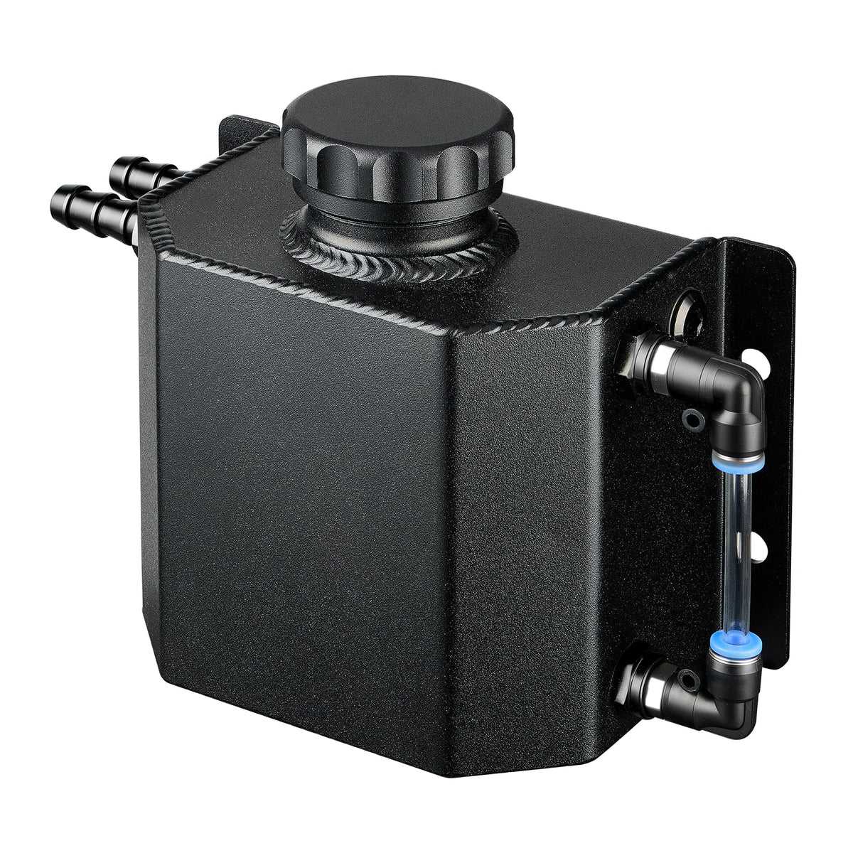 EVIL ENERGY front view of black 1L overflow tank showing mounting points and finish