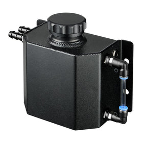 EVIL ENERGY front view of black 1L overflow tank showing mounting points and finish