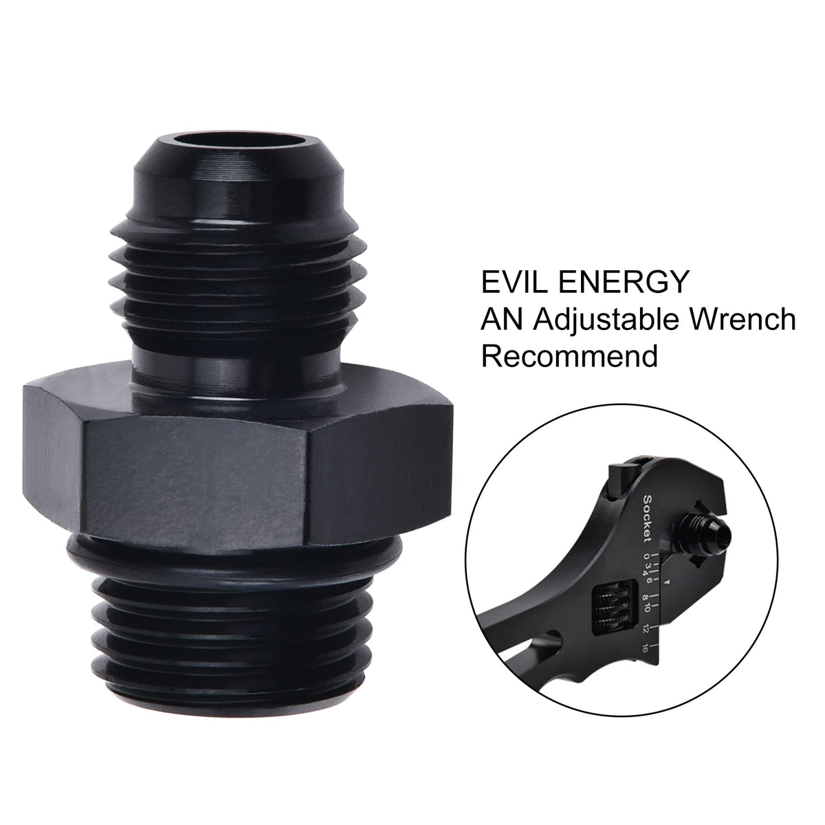 EVIL ENERGY adapter beside a ruler showing dimensions for proper fit and selection