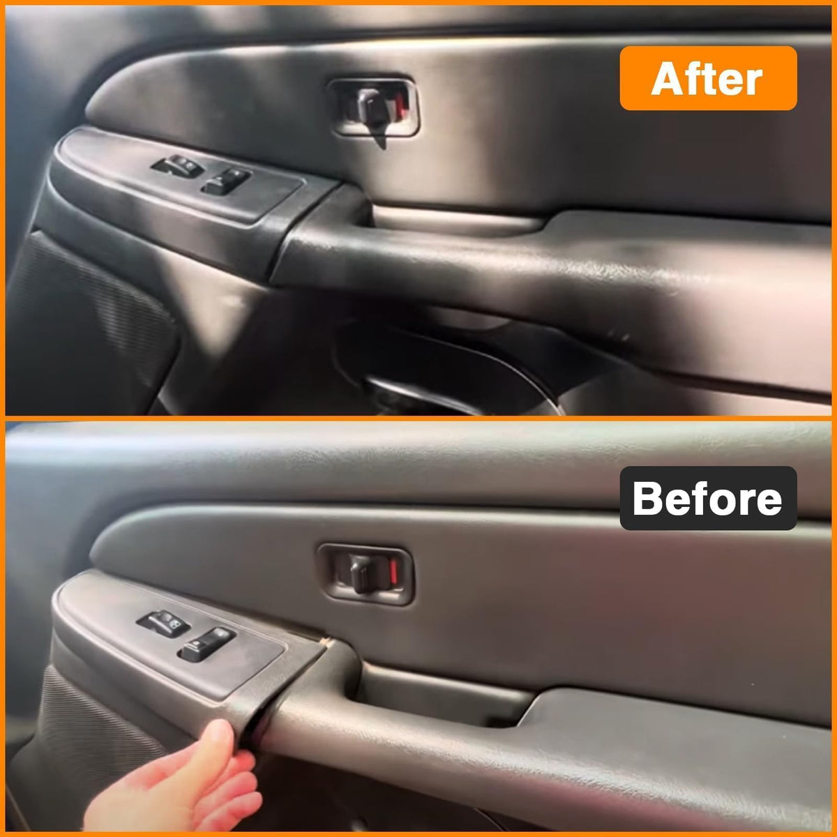 EVRBUL before and after armrest comparison showing secure repaired switch panel