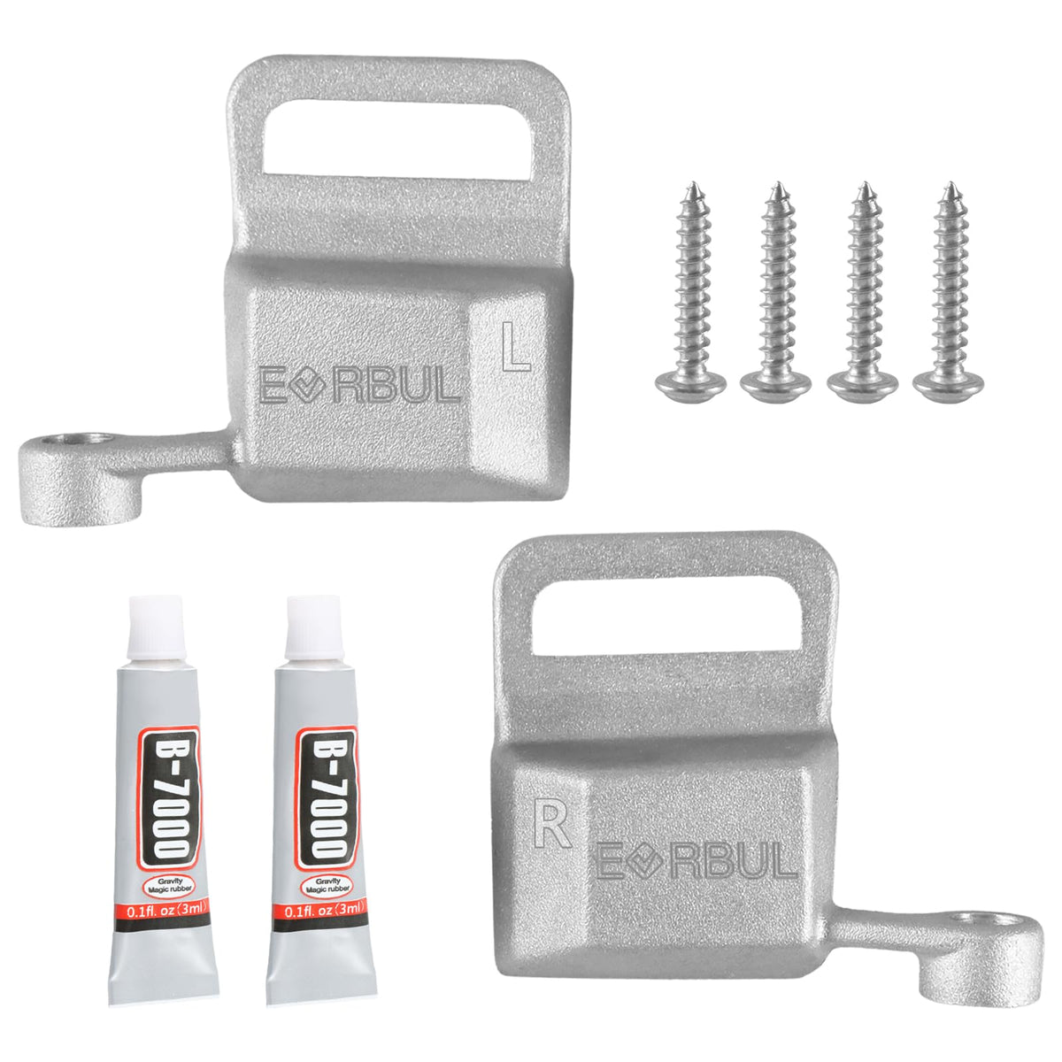 EVRBUL front view of repair kit shows included clips and screws for quick replacement