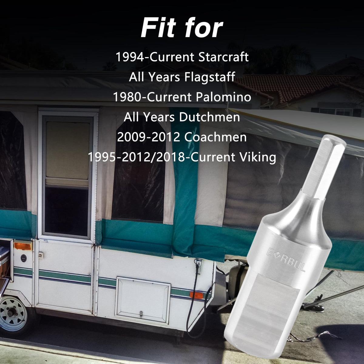 EVRBUL mounted in a drill chuck demonstrating fast, power-driven camper lifting