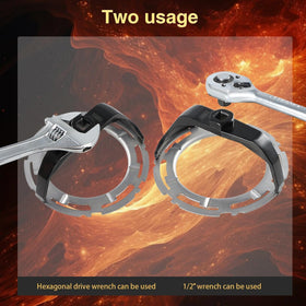EVRBUL tool engaged on a fuel tank lock ring showing safe in‑vehicle use