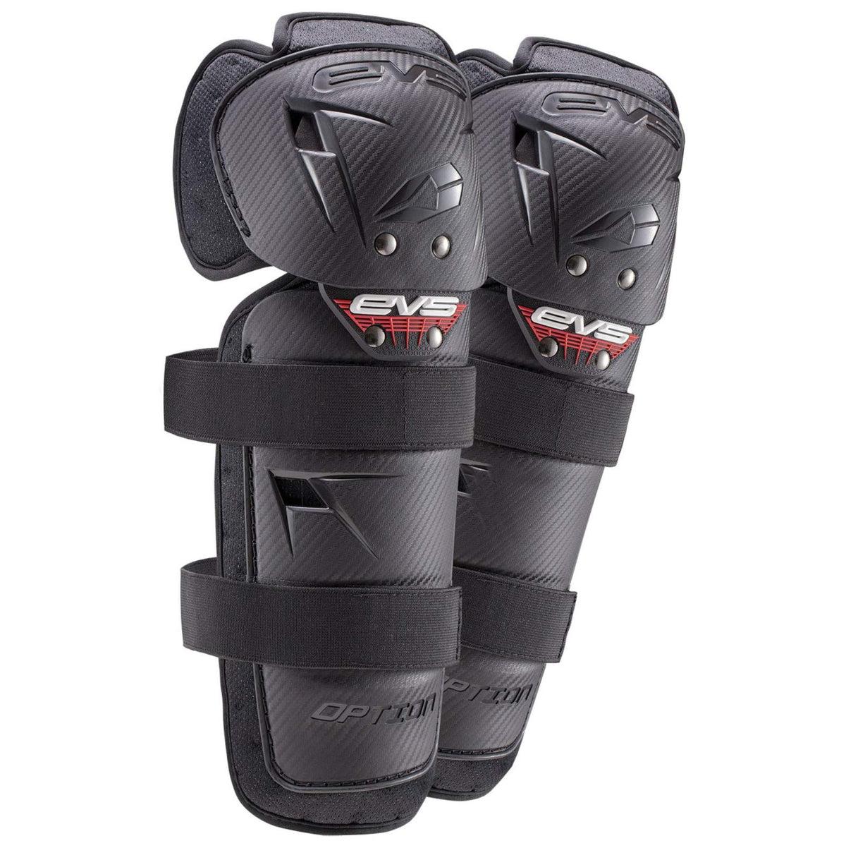EVS Option knee guard front view showing full knee to shin coverage and secure fit