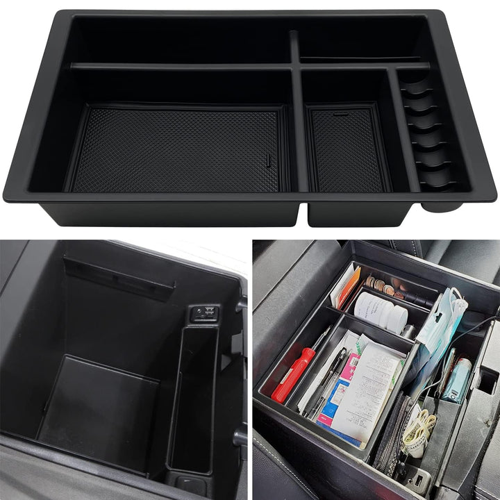 EVTIME front view of console organizer showing neat compartments and quick access