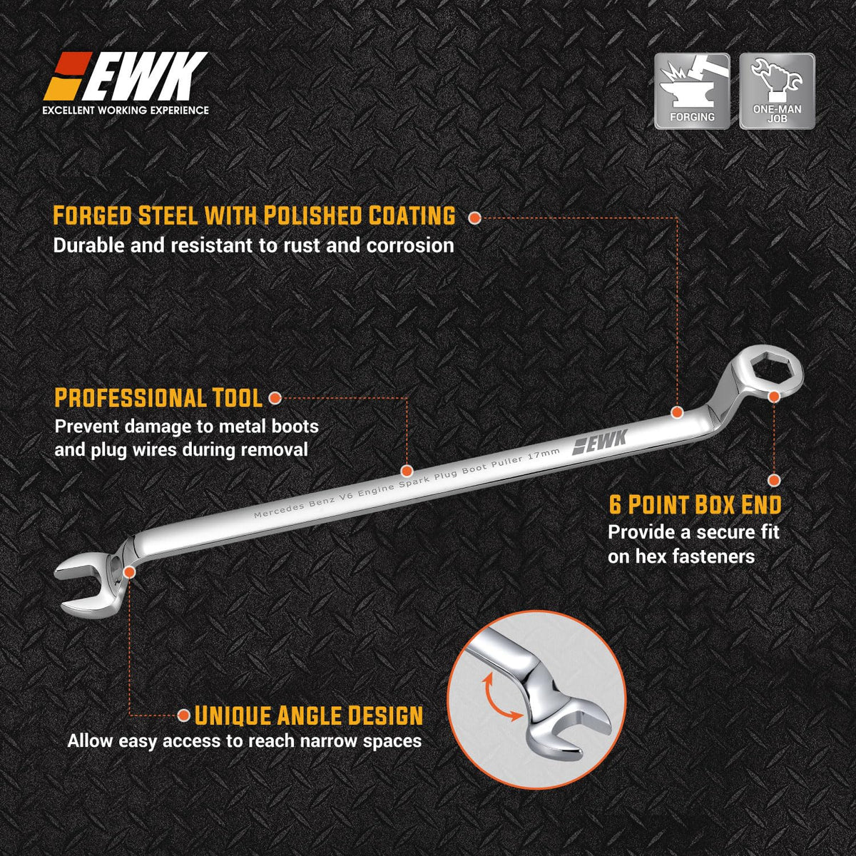EWK angled head detail reaching tight engine bays for better access