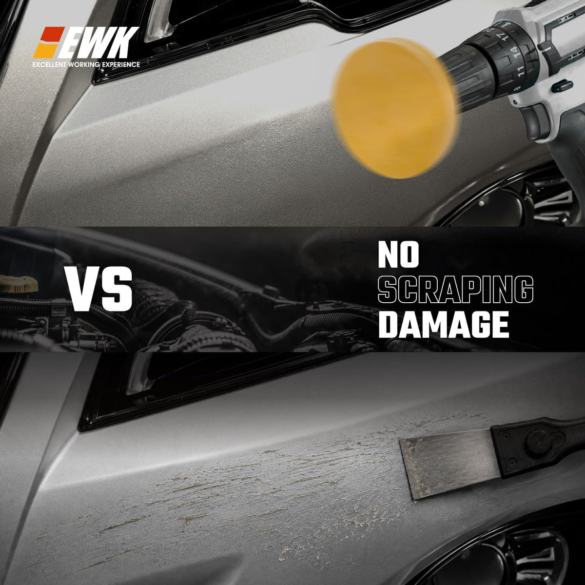 EWK wheel removing decal on car door for efficient sticker lift
