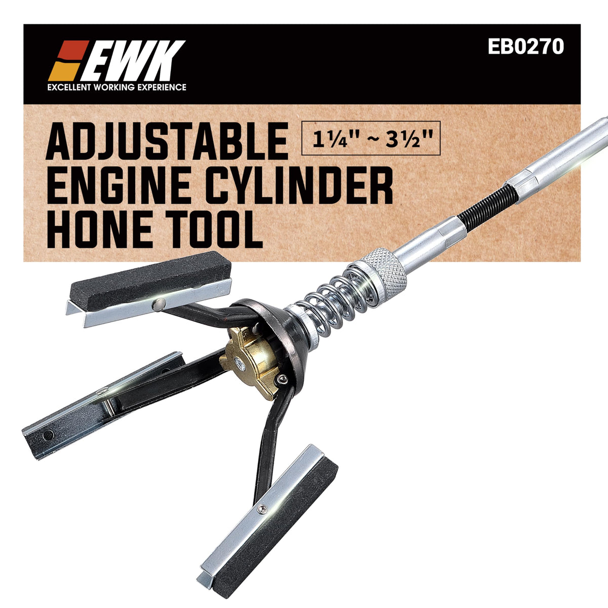 EWK adjustable hone front view showing tool shape and stones for easy cylinder refinishing