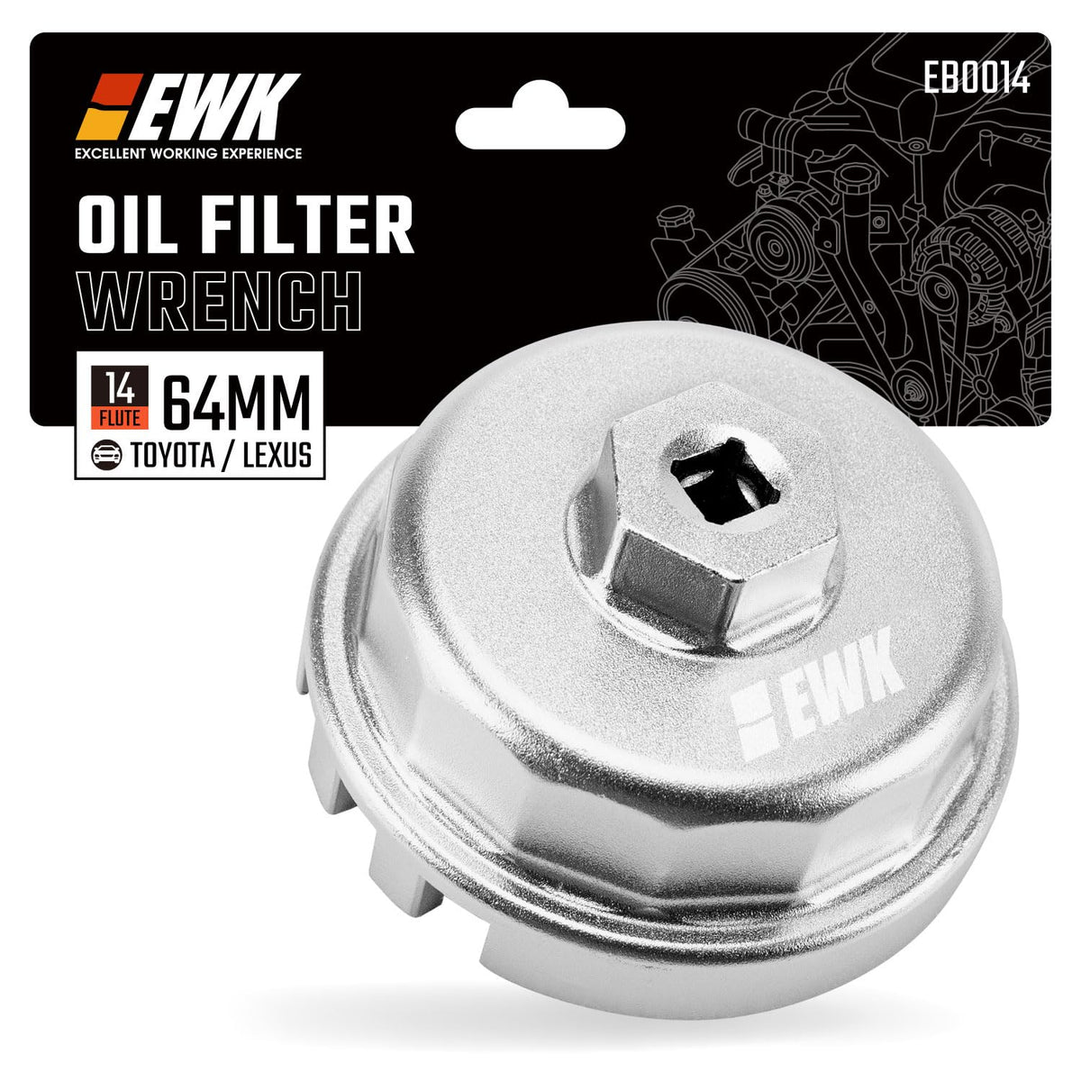 EWK front view of 64.5mm oil filter wrench showing secure four-slot grip benefit