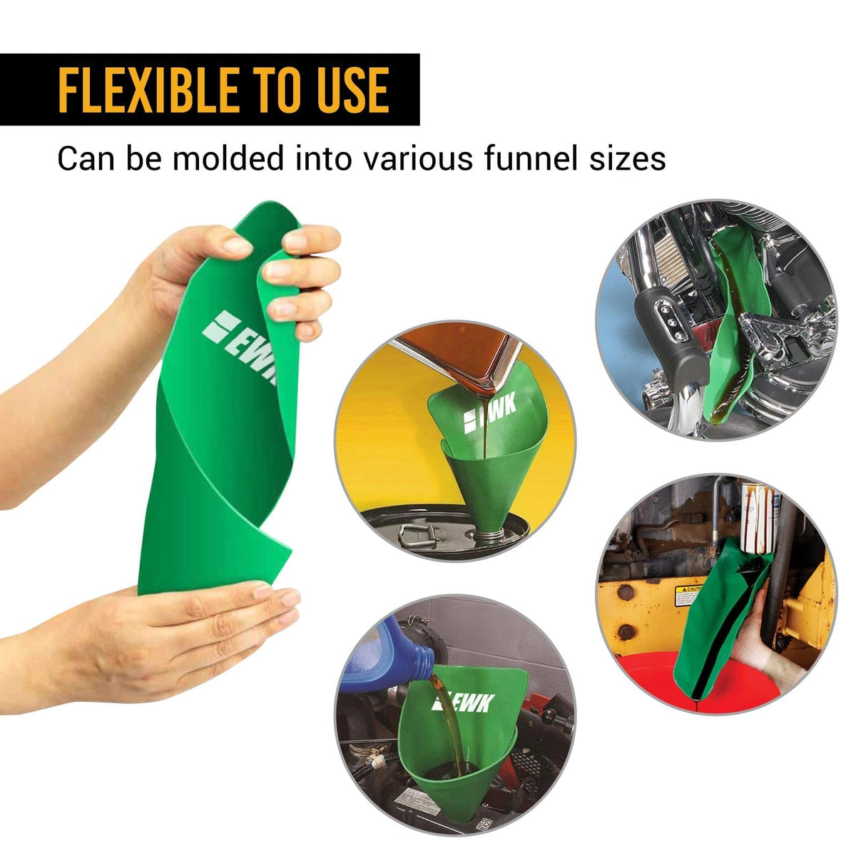 EWK funnel in use on motorcycle filler neck demonstrating spill-free pouring benefit