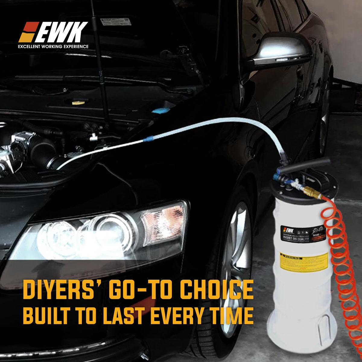EWK garage lifestyle scene showing tool in use for fast DIY vehicle maintenance