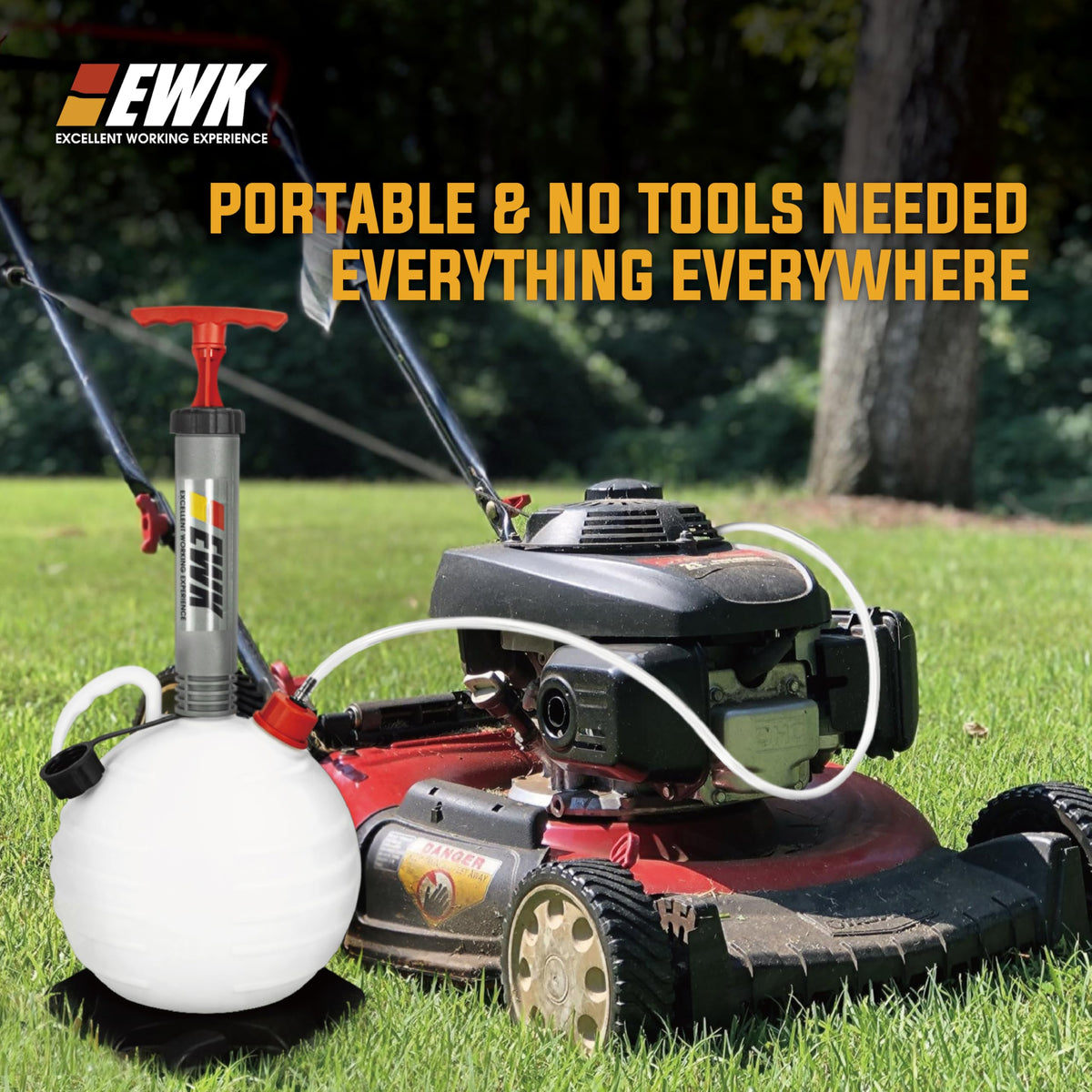 EWK extracting oil from a car dipstick tube, enabling clean no-mess maintenance