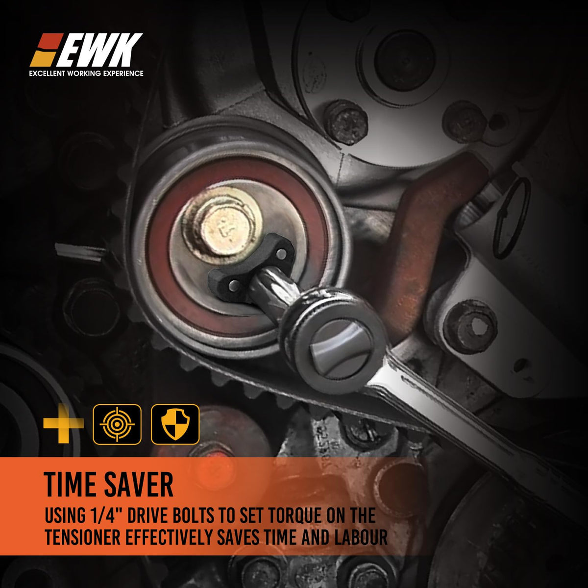 EWK tool in use on a Mitsubishi engine demonstrating fast, steady tensioning benefit