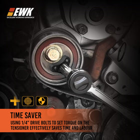 EWK tool in use on a Mitsubishi engine demonstrating fast, steady tensioning benefit
