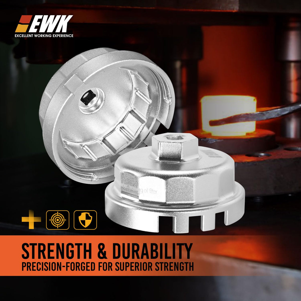 EWK wrench engaged on cap with 3/8" ratchet demonstrating easy removal benefit
