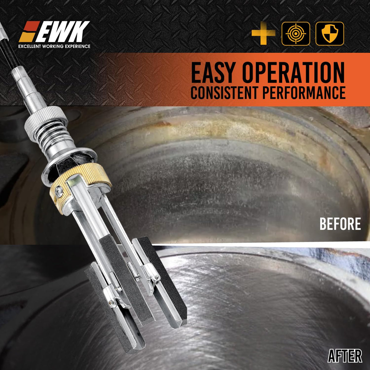 EWK hone placed on a workbench with small engine parts illustrating practical workshop use and convenience