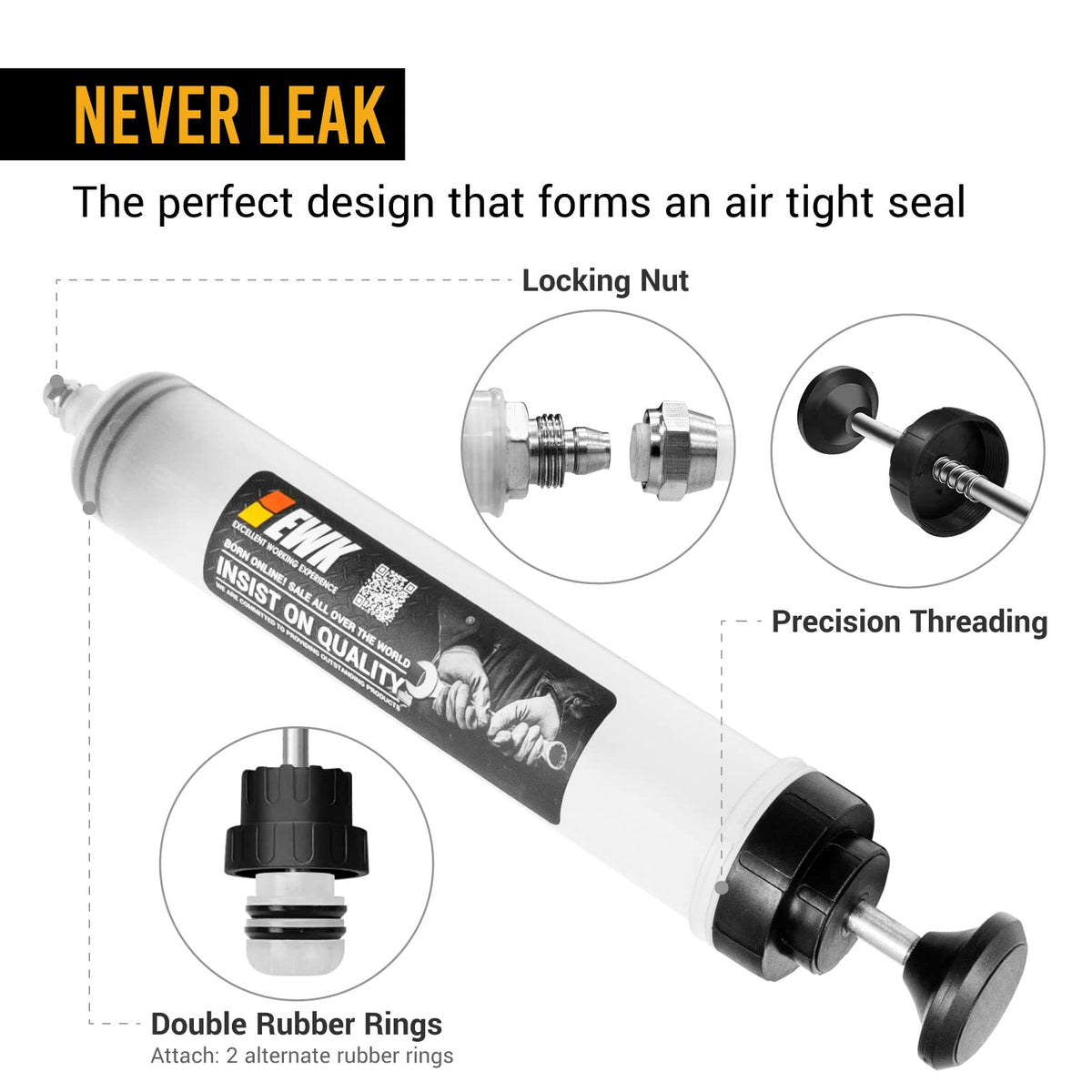 EWK non-drip cap and clear chamber detail preventing messy transfers