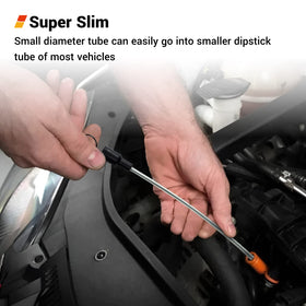EWK slim hose inserted into dipstick tube showing deep reach to recover more oil