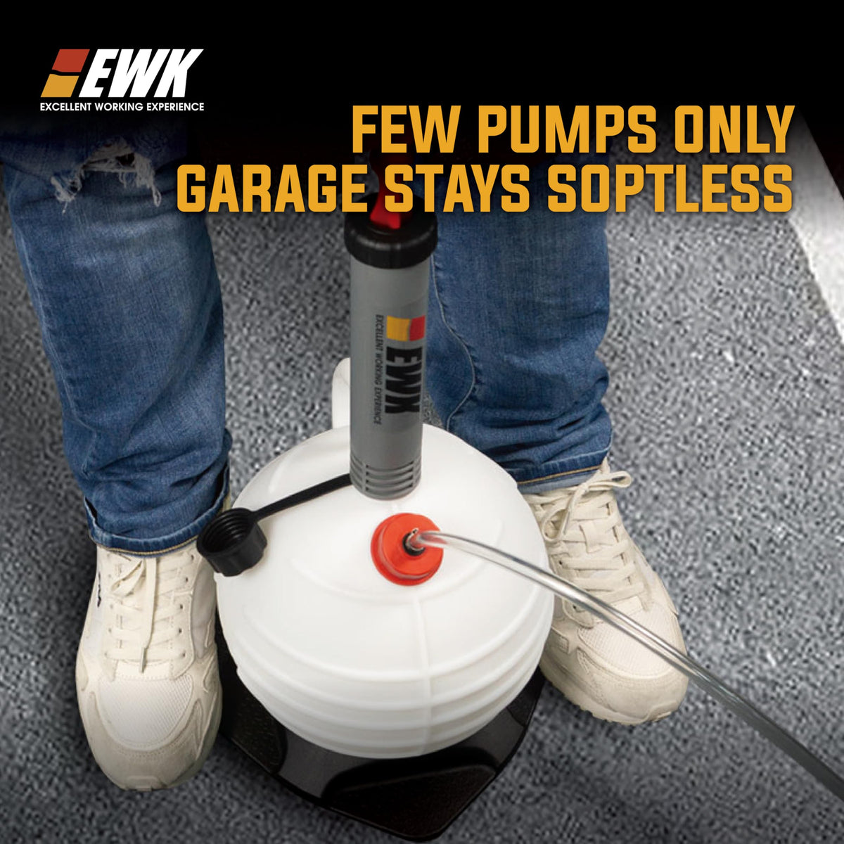 EWK wide step-on base stabilizing the unit, preventing spills during manual pumping