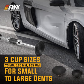 EWK tool in use on car door illustrating faster dent extraction