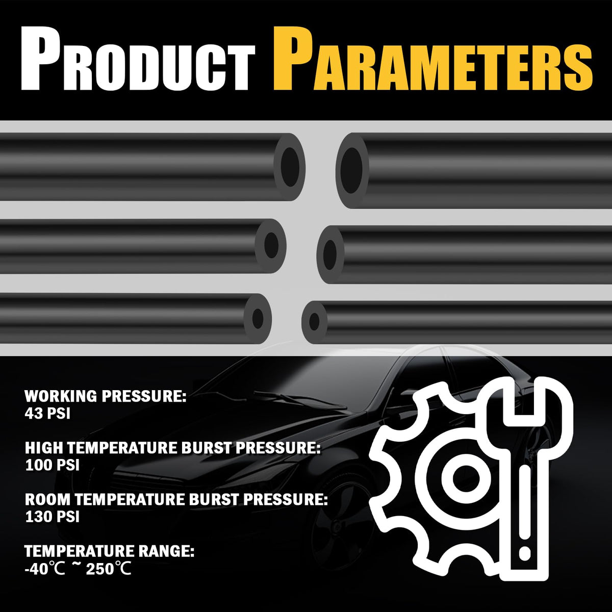 EWOJUYE hoses beside a ruler showing lengths and diameters for accurate cutting benefit