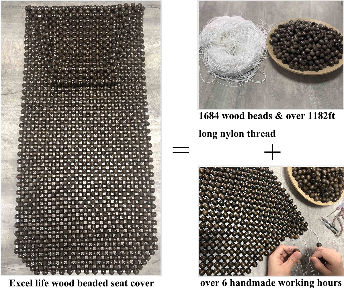 EXCEL LIFE seat cover next to ruler showing 17.7 by 51.2 inches fit and scale benefit
