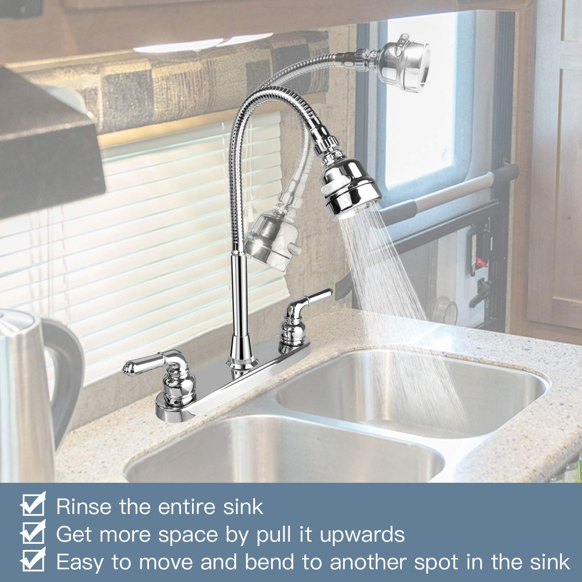 EXCELFU close-up of rotatable spout highlighting flexible arch and full-sink reach