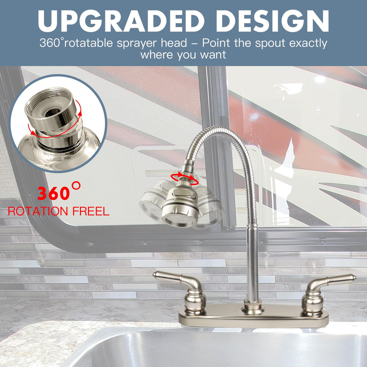 EXCELFU flexible neck bent to reach corners for full-sink coverage