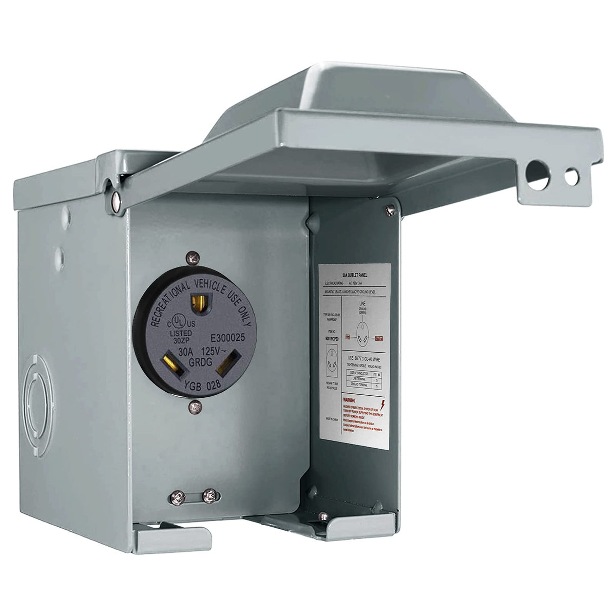 EXCELFU front-mounted outlet box showing weatherproof door and benefit of outdoor protection