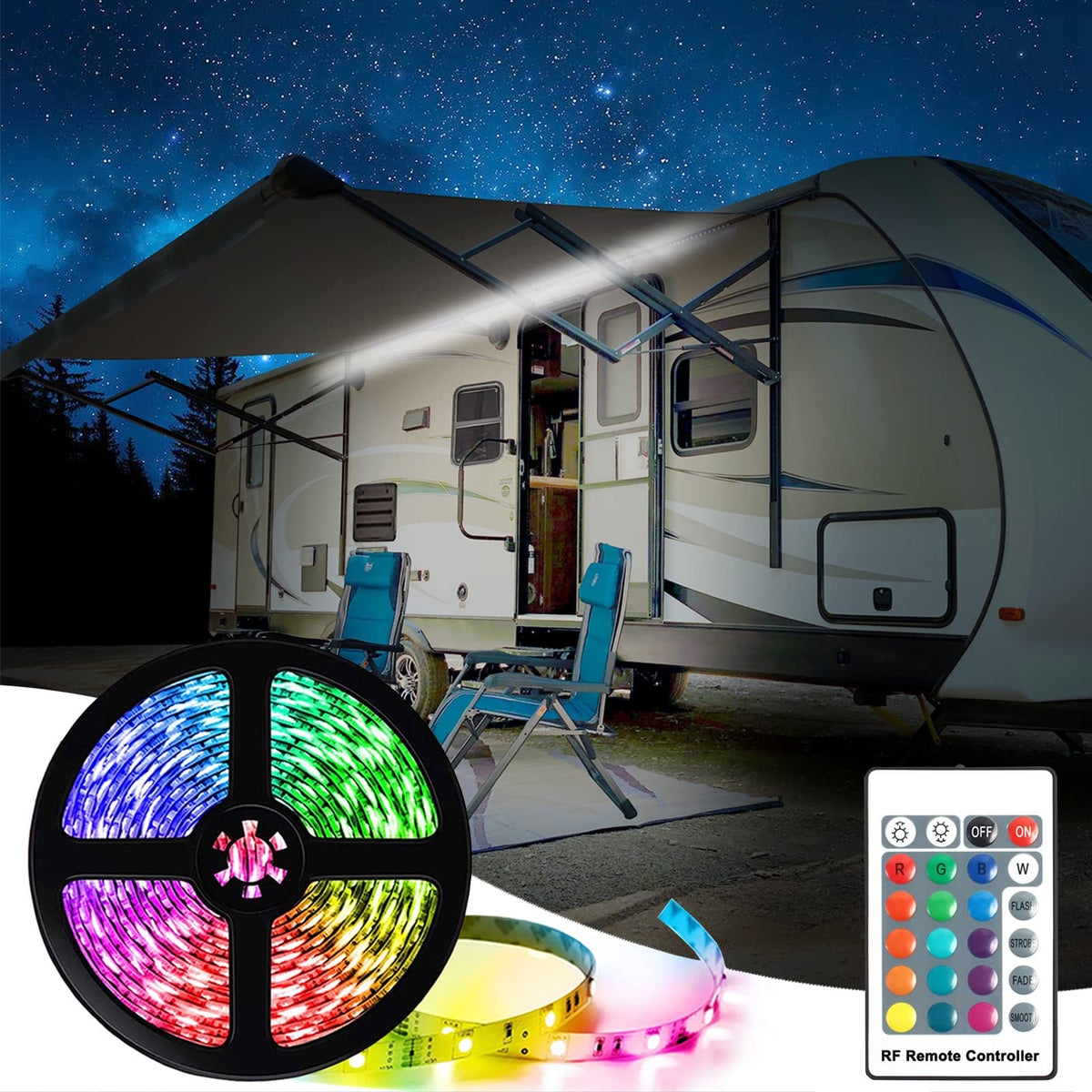 EXCELFU front packaging showing complete awning light kit and components benefit easy setup