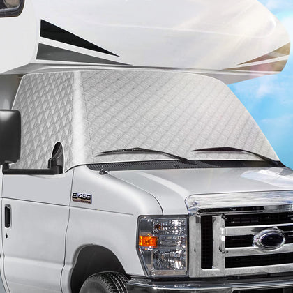 EXCELFU front view installed on Ford E450 showing full windshield coverage and sun protection