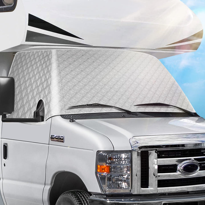 EXCELFU front view installed on Ford E450 showing full windshield coverage and sun protection