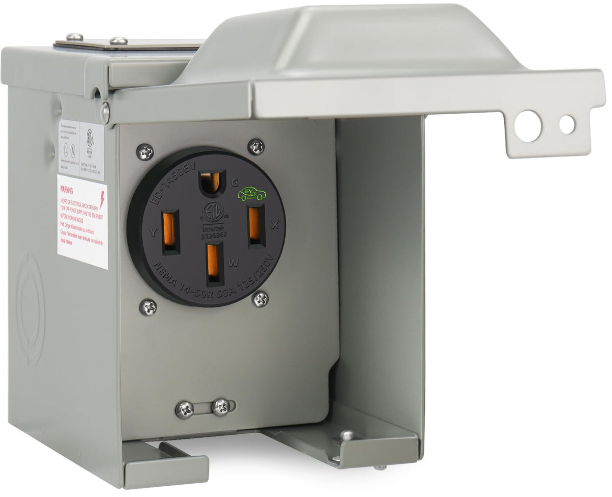 EXCELFU front view of mounted NEMA 14-50R outlet showing weatherproof cover and benefits