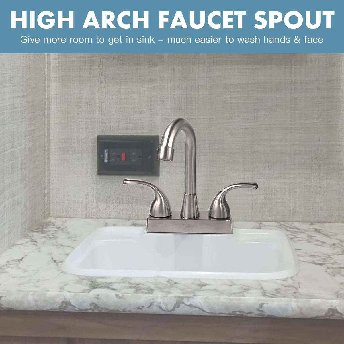 EXCELFU high-arch spout detail showing increased sink clearance