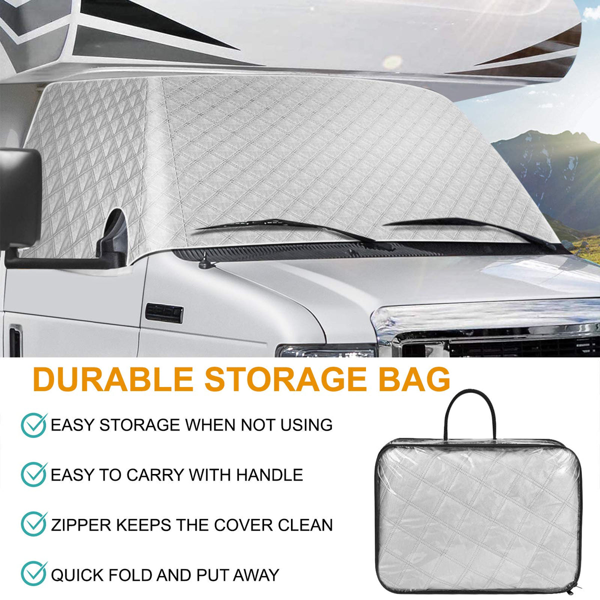 EXCELFU at campsite on Class C motorhome illustrating privacy and weather protection