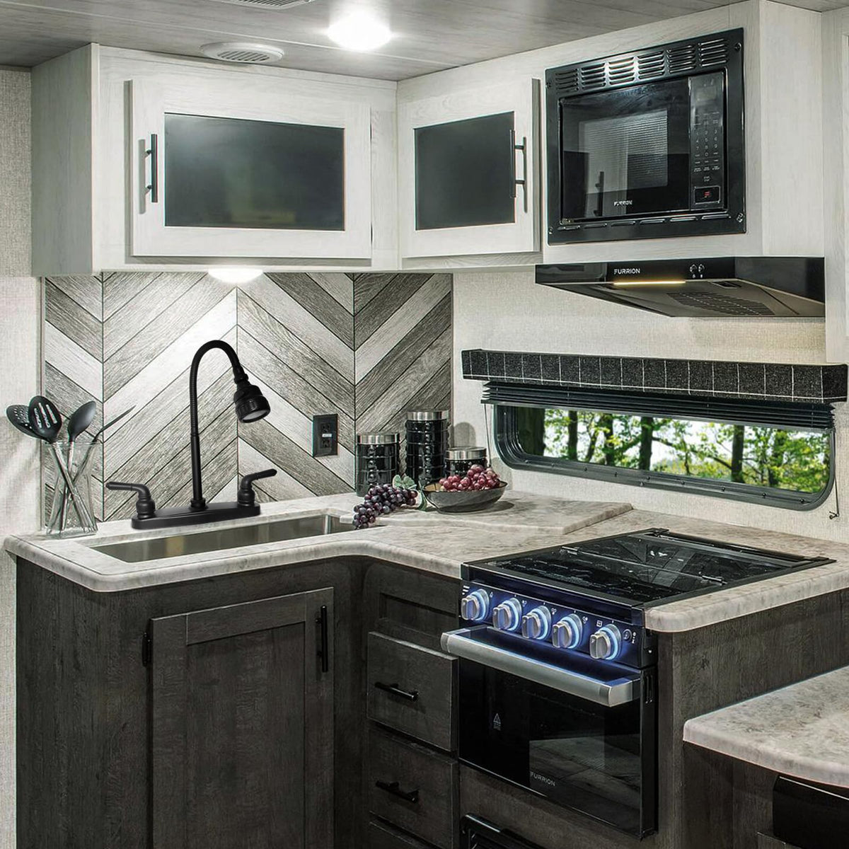 EXCELFU lifestyle shot in motorhome kitchen showing space-saving, functional upgrade