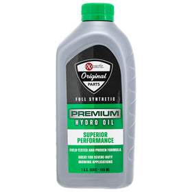 Exmark 109-9828 front label showing product and benefit of correct hydro oil