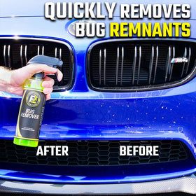 ExoForma spray applied close-up dissolving bug splatter for faster cleanup