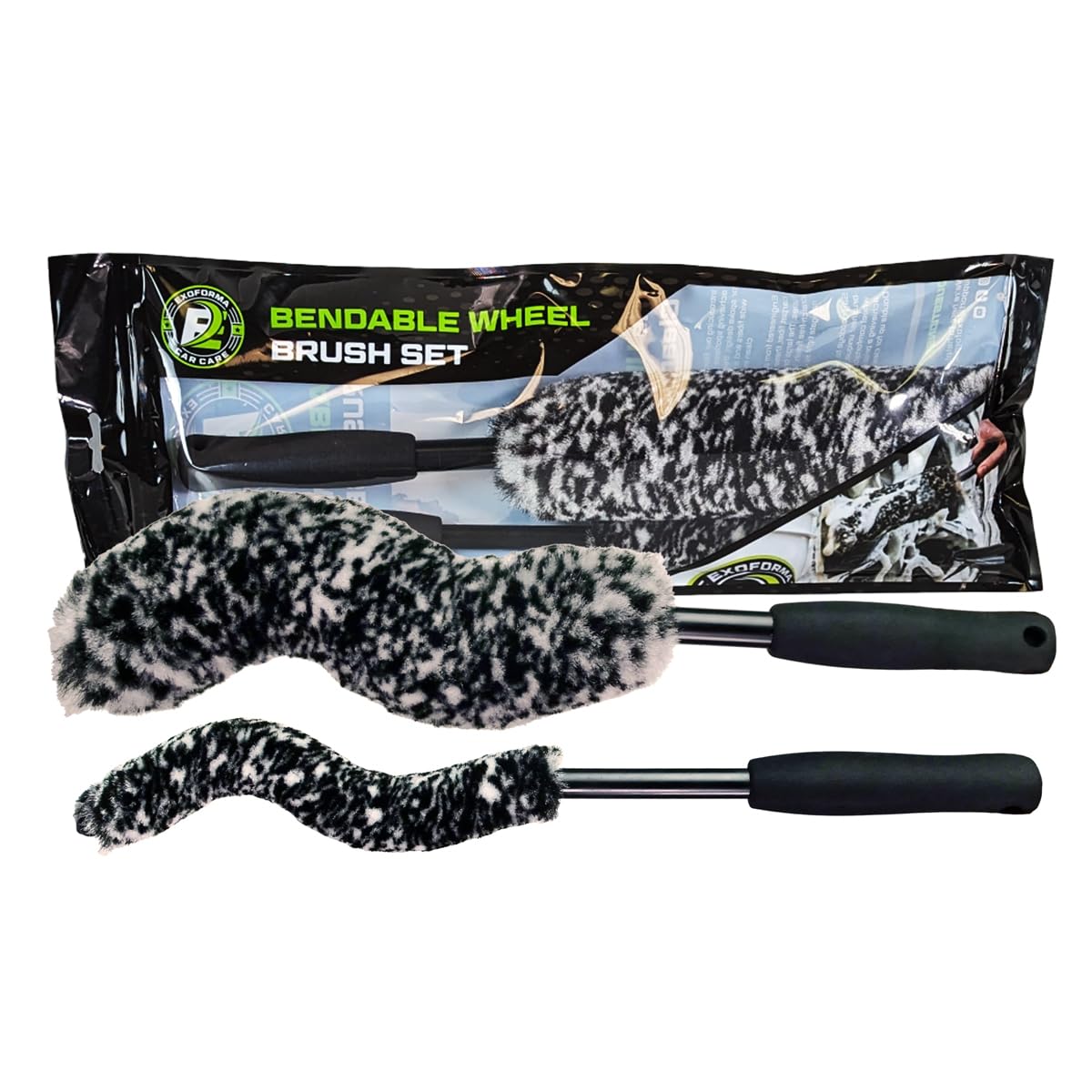 ExoForma front packaging showing the two-piece bendable wheel brush set, ready to use