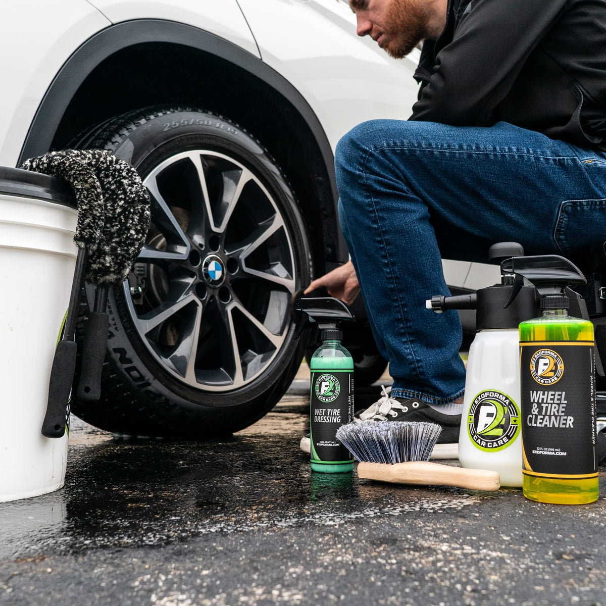 ExoForma brushes staged in a car detailing scene showing practical use and results