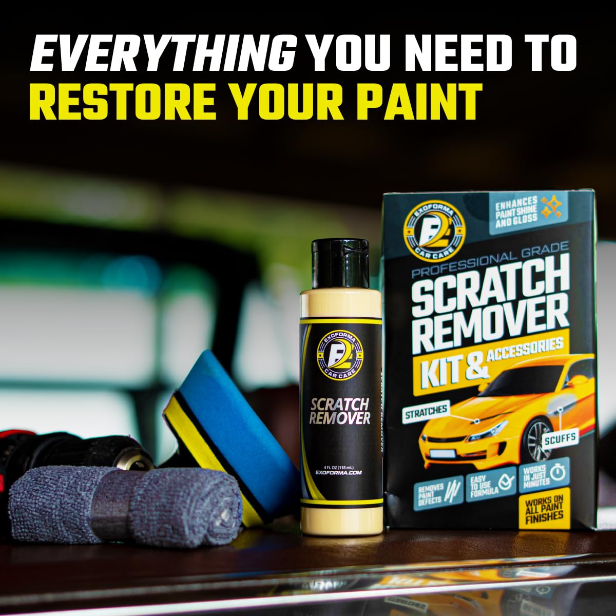 ExoForma kit in use on car hood showing quick restoration results