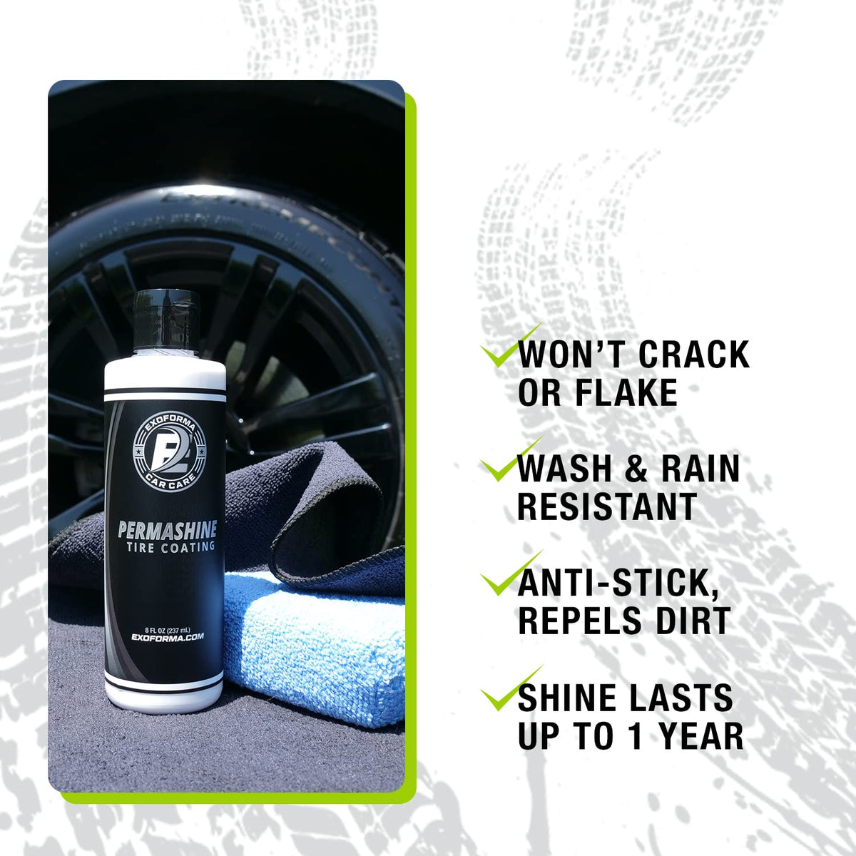 ExoForma PermaShine on tire sidewall demonstrating long-lasting high shine